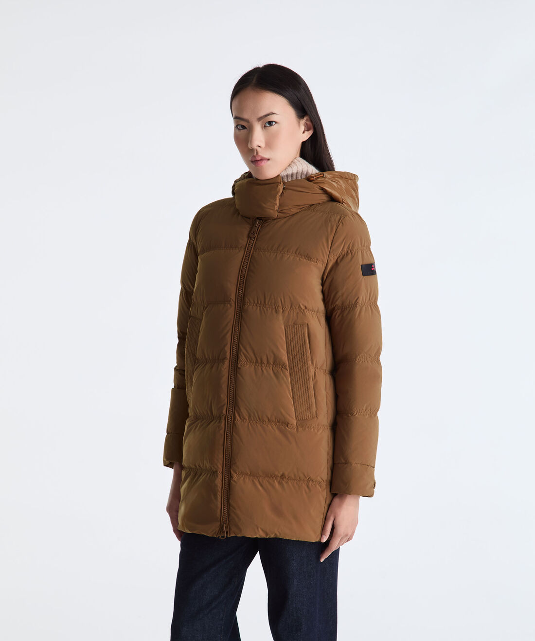 Down jacket with contrasting hood