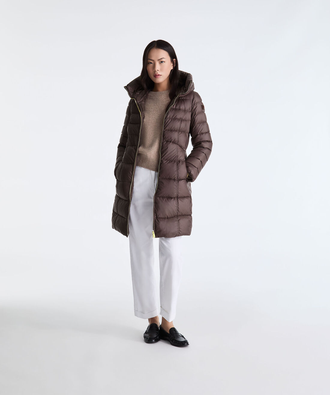 BROWN Long Down Jacket with Contoured Quilting for Women | Peuterey