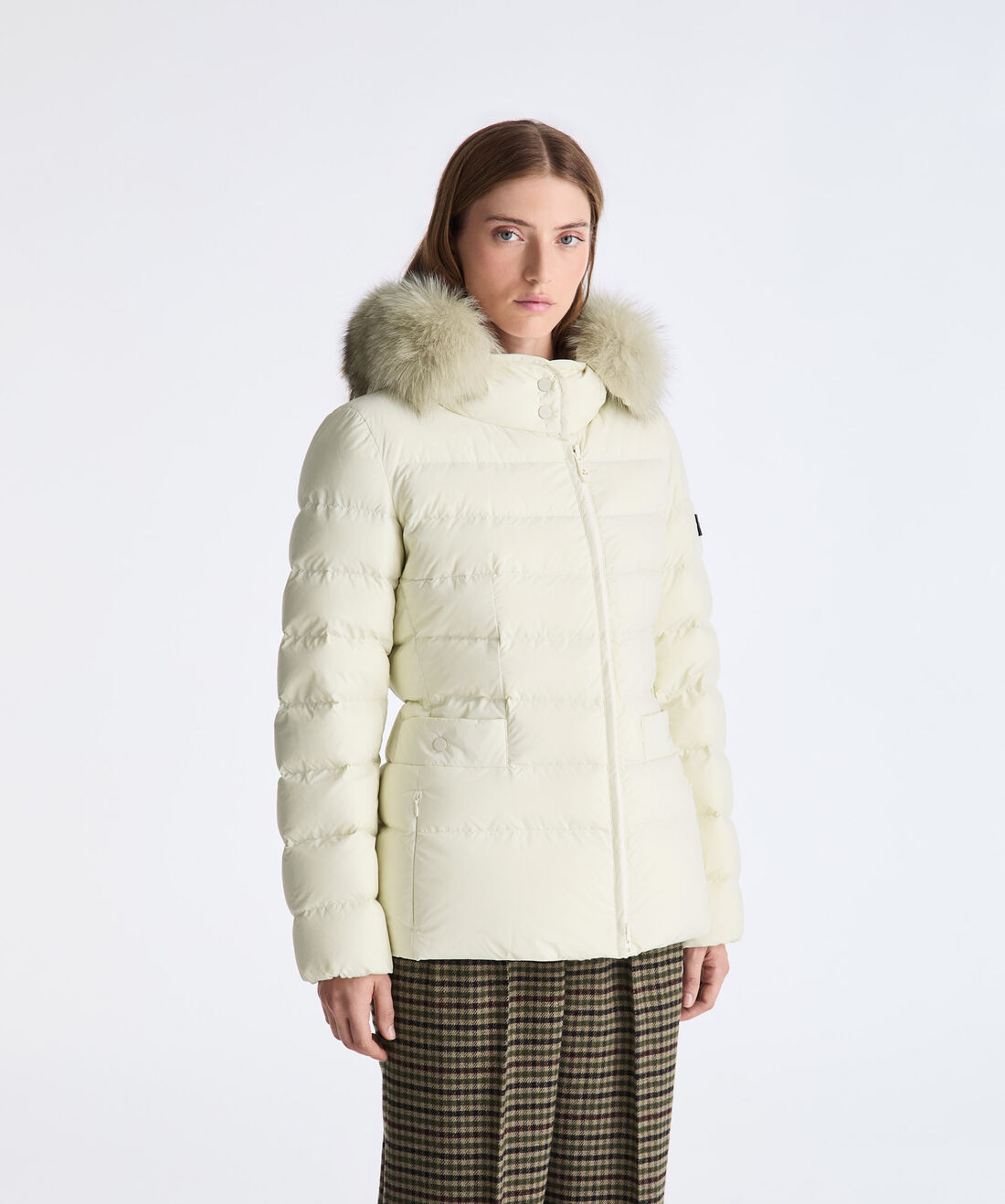 BEIGE Hooded Down Jacket with Fur for Women | Peuterey