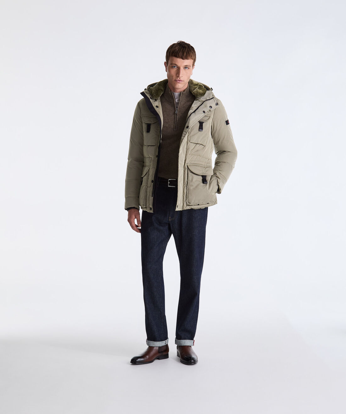 BEIGE Taffeta Field Jacket with Fur Hood for Men | Peuterey