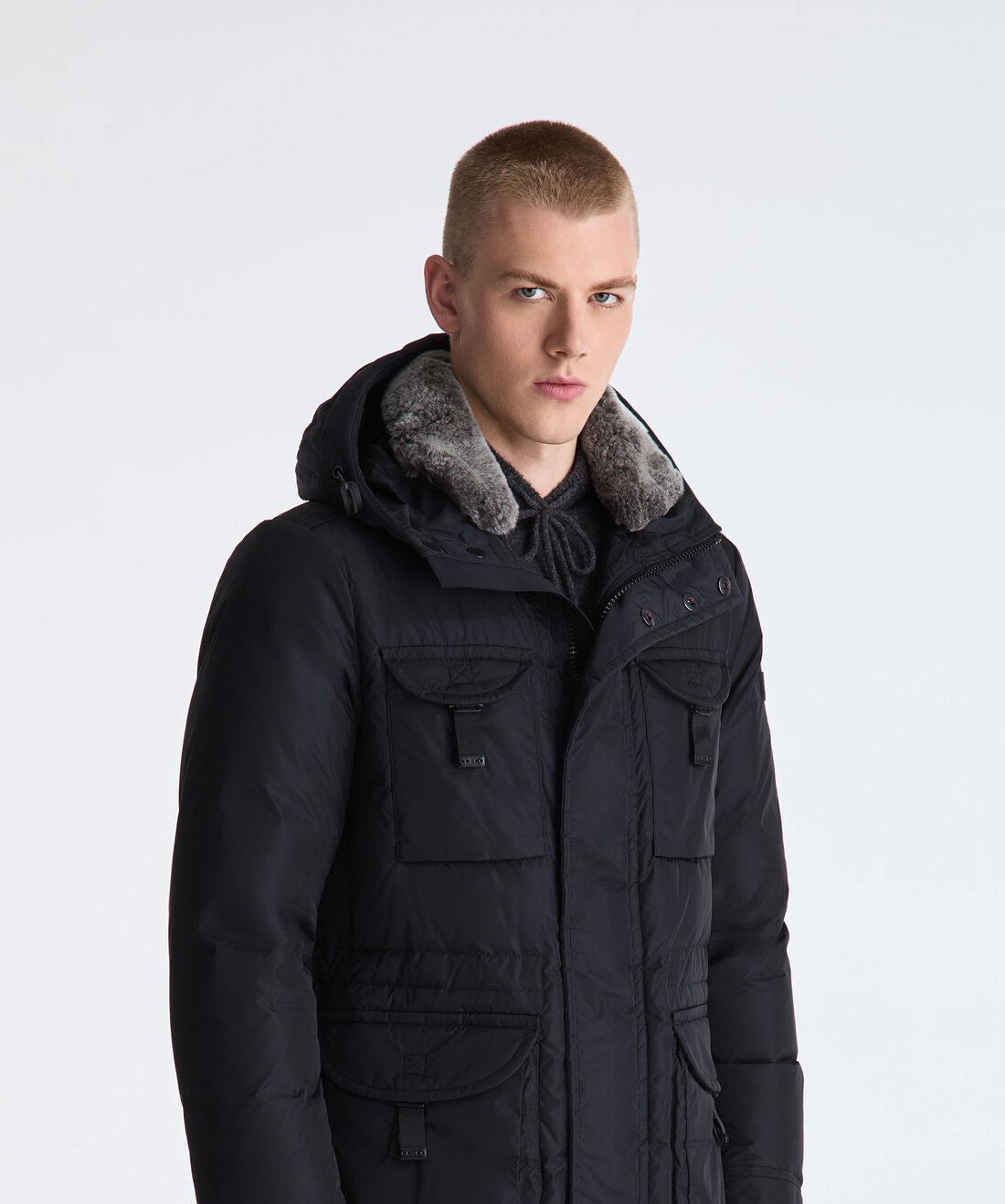 BLACK Taffeta Field Jacket with Fur Hood for Men | Peuterey