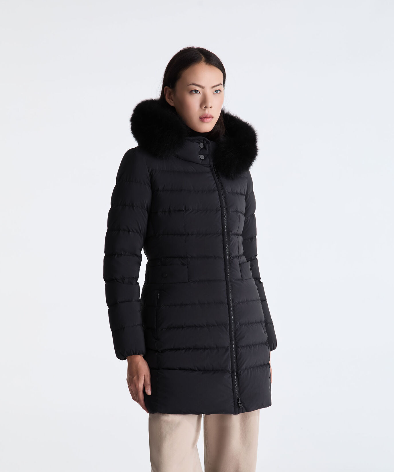 BLACK Long Down Jacket with High Collar And Fur Edging for Women