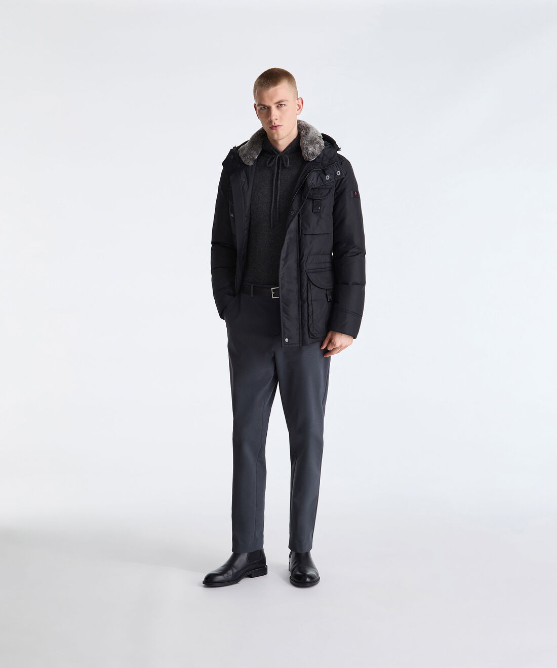 BLACK Taffeta Field Jacket with Fur Hood for Men | Peuterey