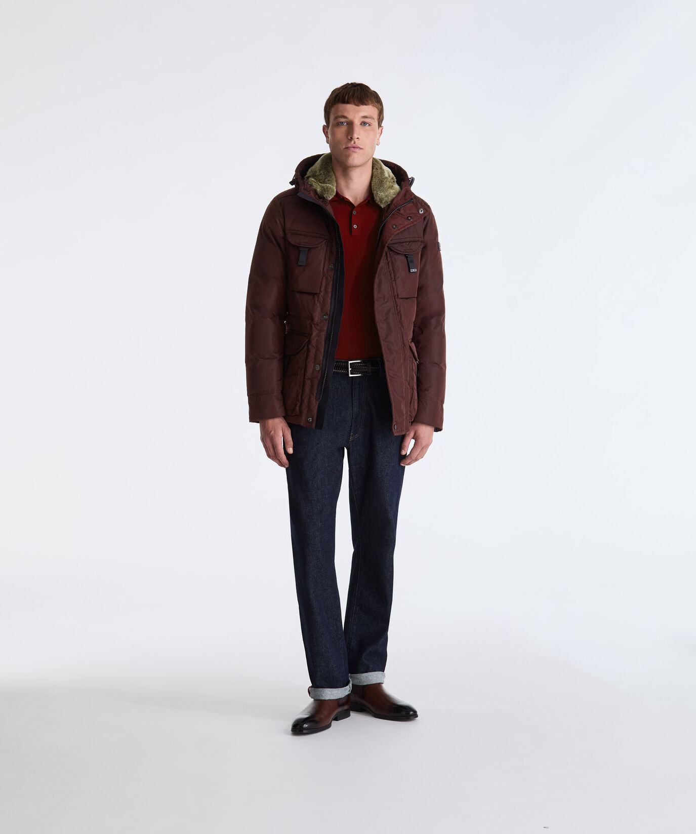 RED Taffeta Field Jacket with Fur Hood for Men | Peuterey