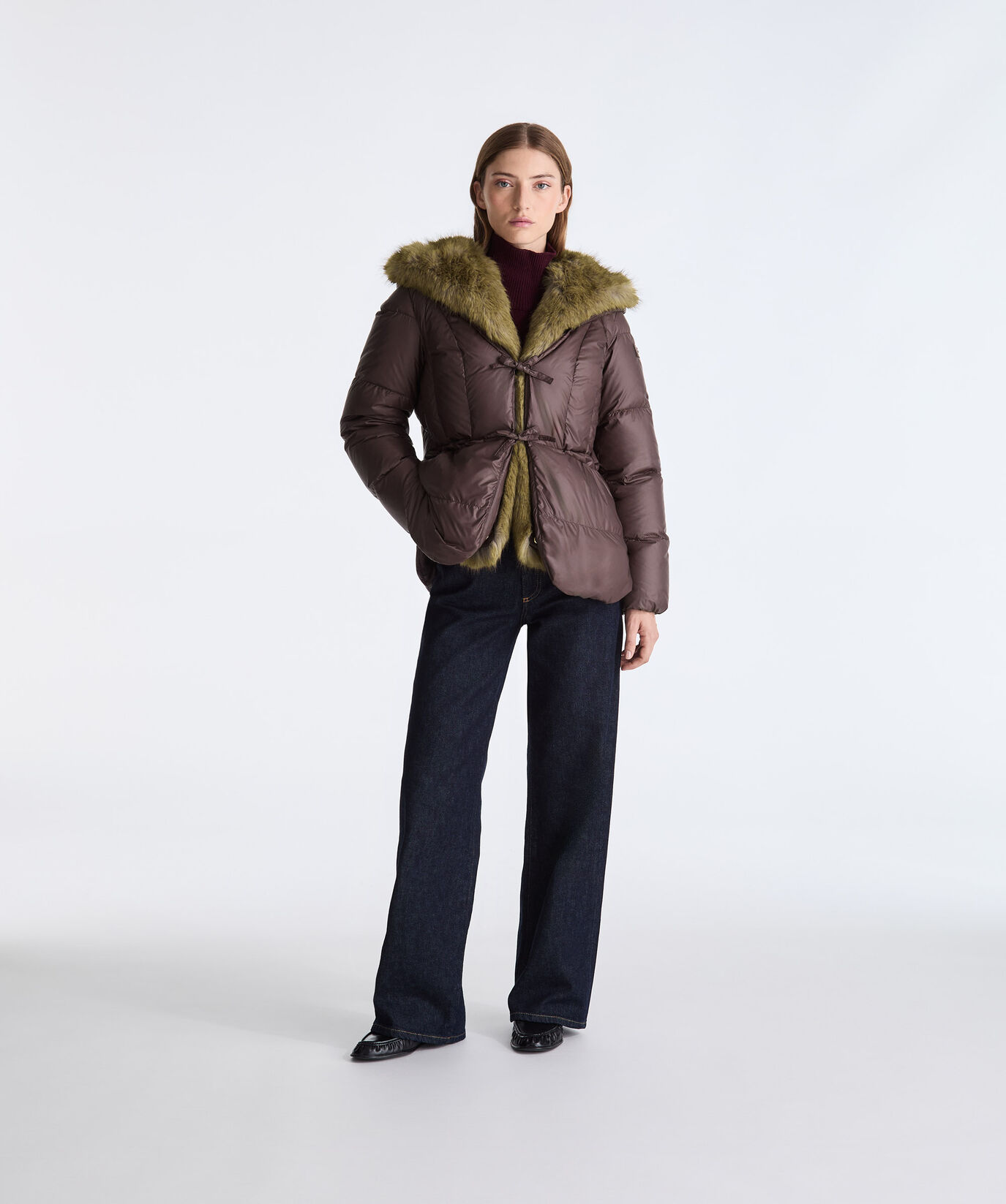 BROWN Short Down Jacket with Faux Fur Lining for Women | Peuterey