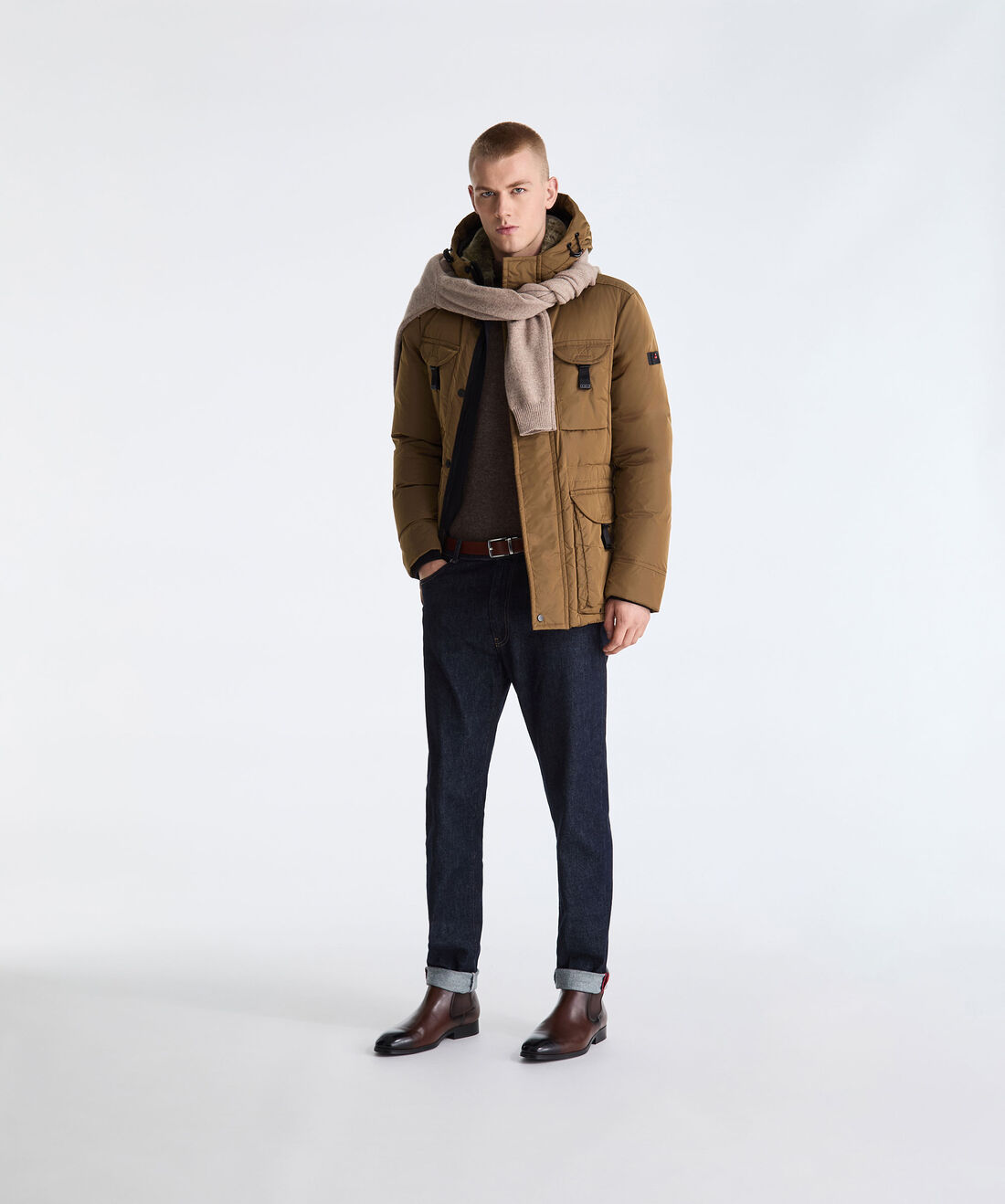 BROWN Taffeta Field Jacket with Fur Hood for Men | Peuterey