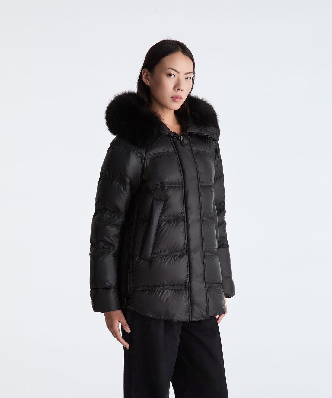 BLACK Puffer Jacket with Fur Edging for Women | Peuterey