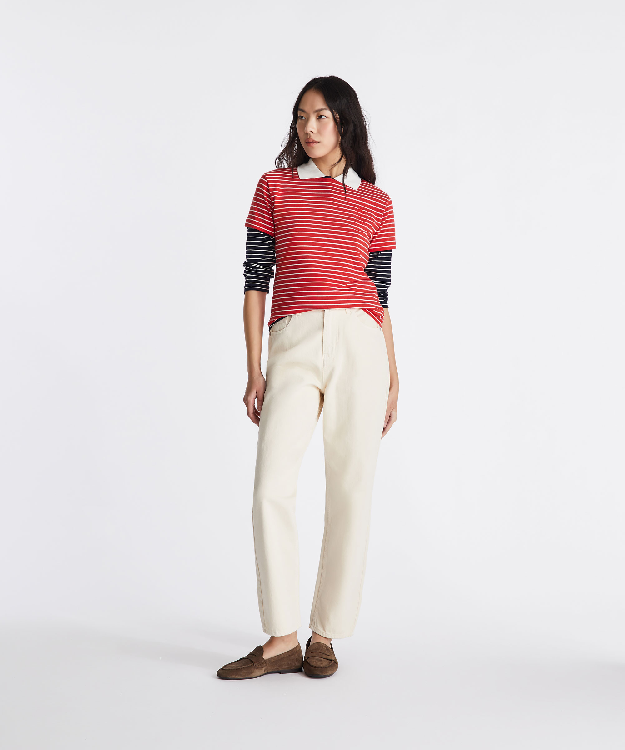 T-shirt a righe in cotone, ROSSO - RIGHE BEIGE, Taglia: XS
