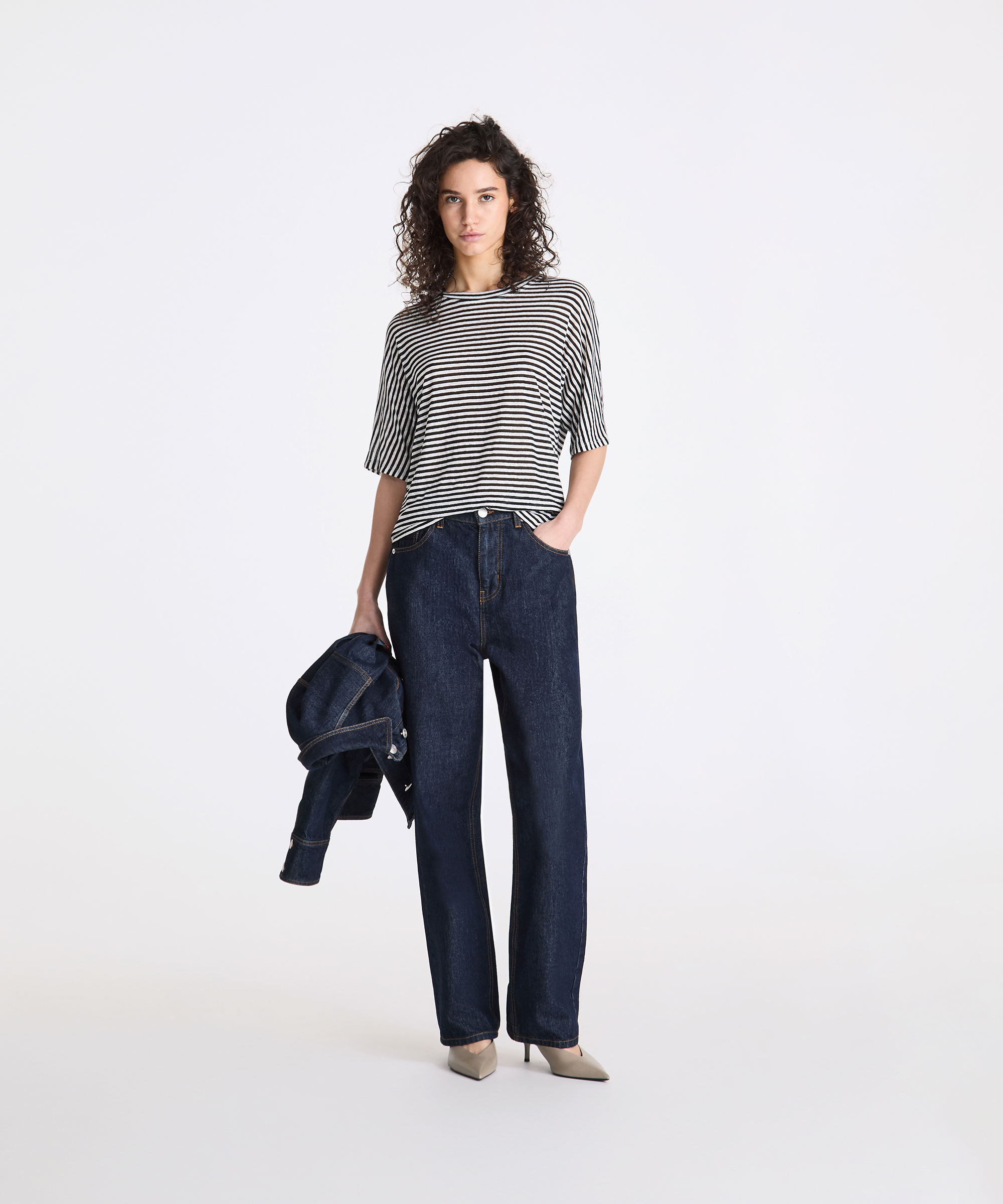 T-shirt a righe in misto lino, NATURALE/NERO, Taglia: XL