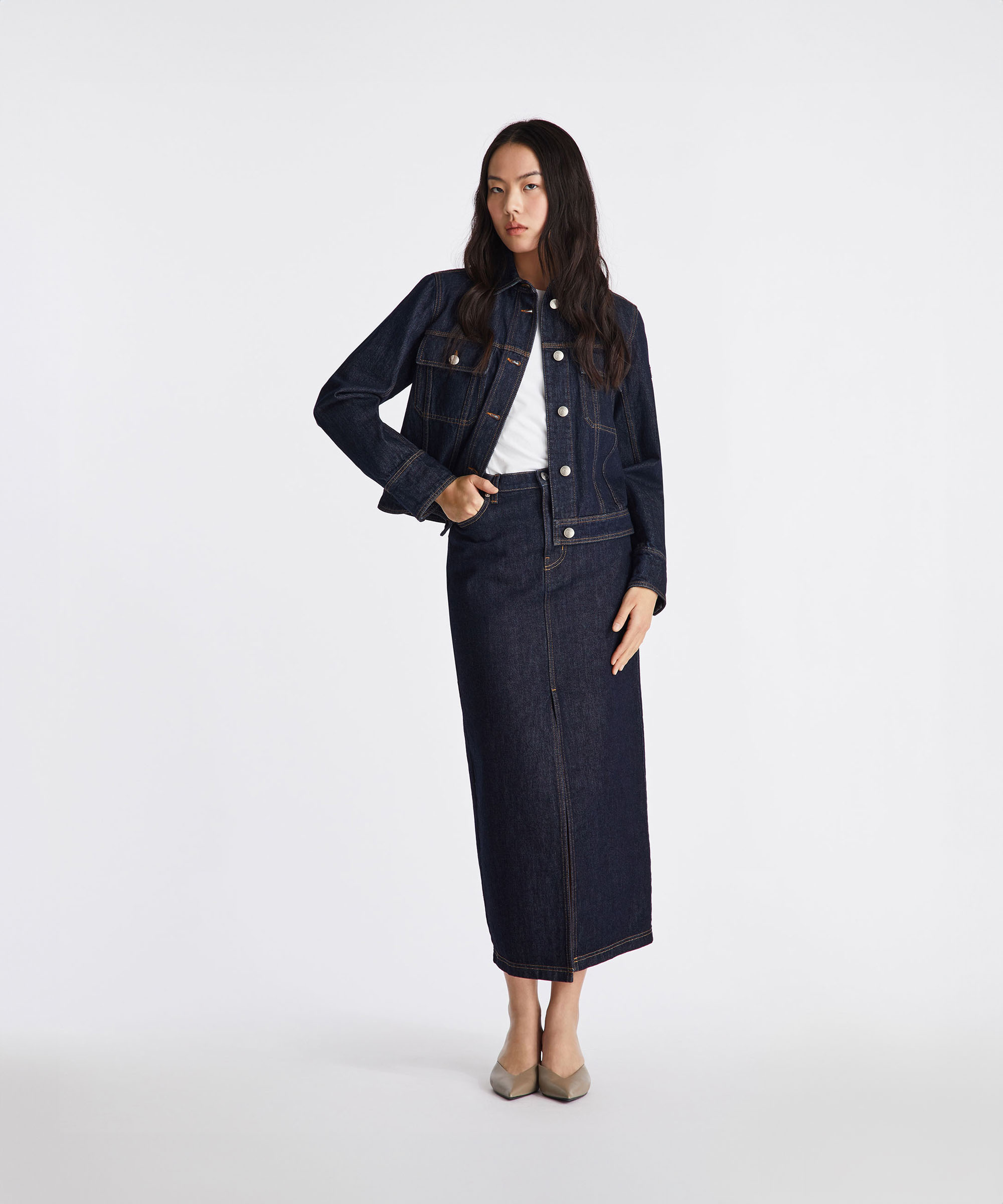 Gonna in denim con spacco sul davanti, BLU GRAFITE, Taglia: 44